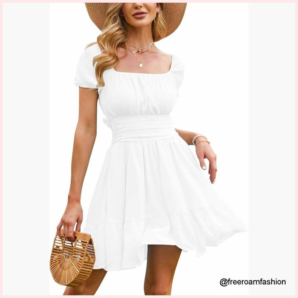 Mini Sundress with Puff Sleeves Tie Back Square Neck A-Line Casual